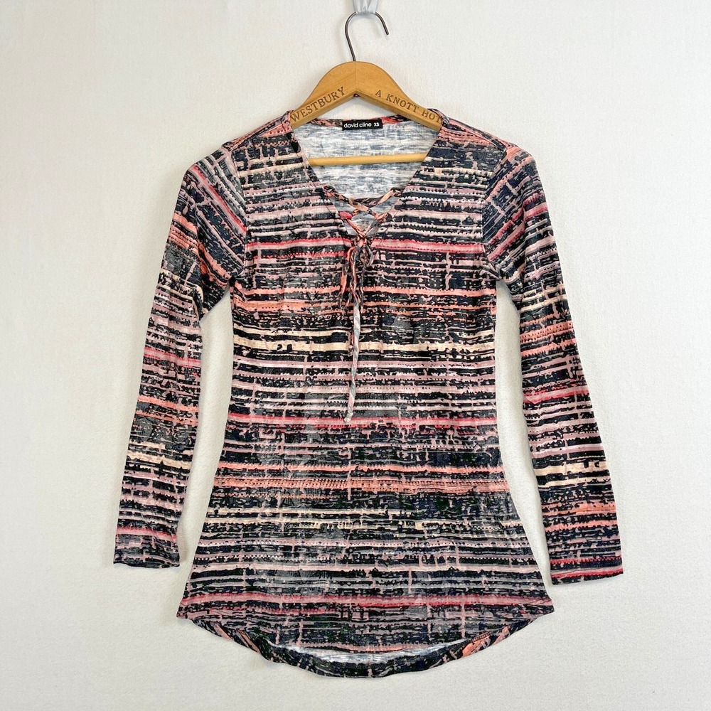 DAVID‎ CLINE Women's Top XS Long Sleeve Crinkle Lace Up V Neck Pink Black Stripe